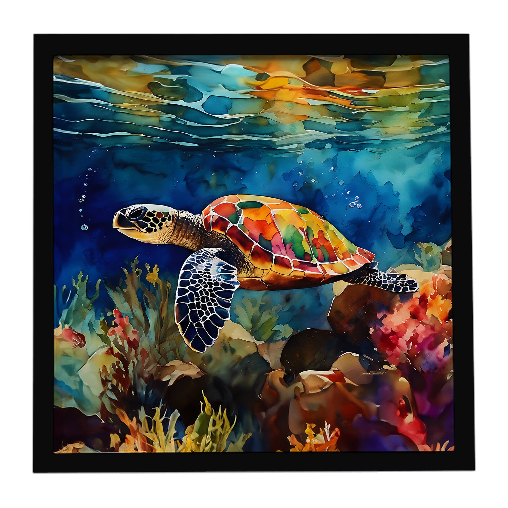 Loggerhead Sea Turtle Framed Metal Print Bathroom, Kitchen, Office, Home Decor Wall Art Ready to Hang, Square, 8X8
