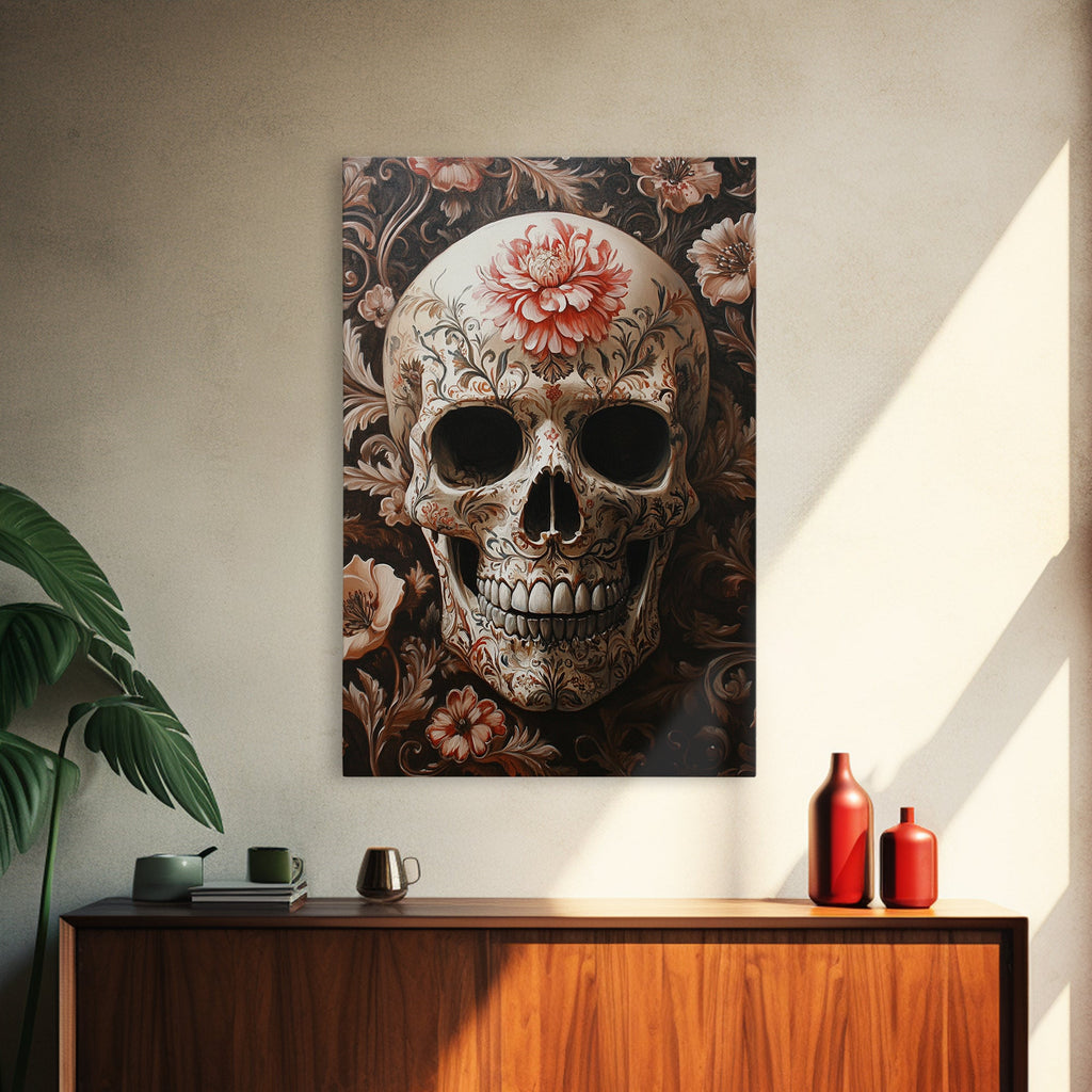 Skull Art Framed Canvas Print with Floral Botanical Prints in Gothic Chinoiserie Style, Perfect Halloween Rustic Wall Art Decoration
