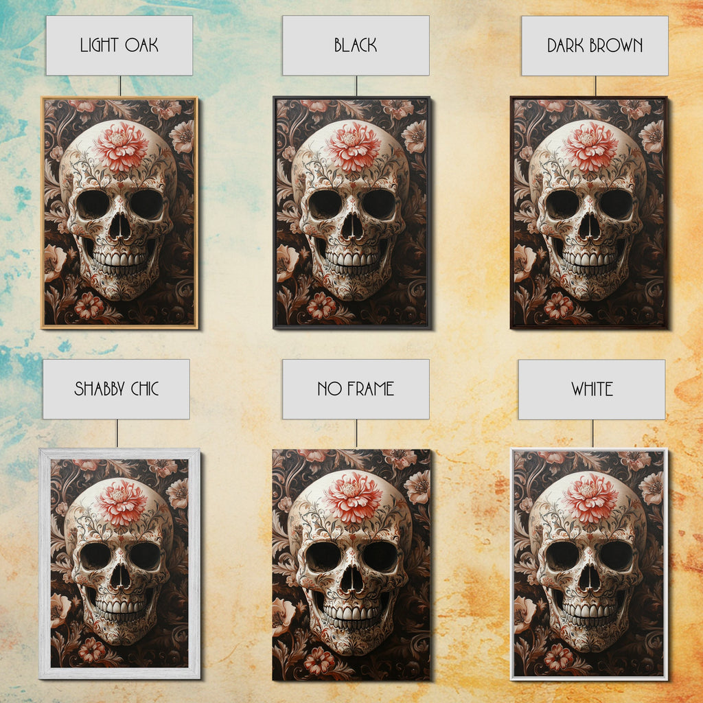 Skull Art Framed Canvas Print with Floral Botanical Prints in Gothic Chinoiserie Style, Perfect Halloween Rustic Wall Art Decoration