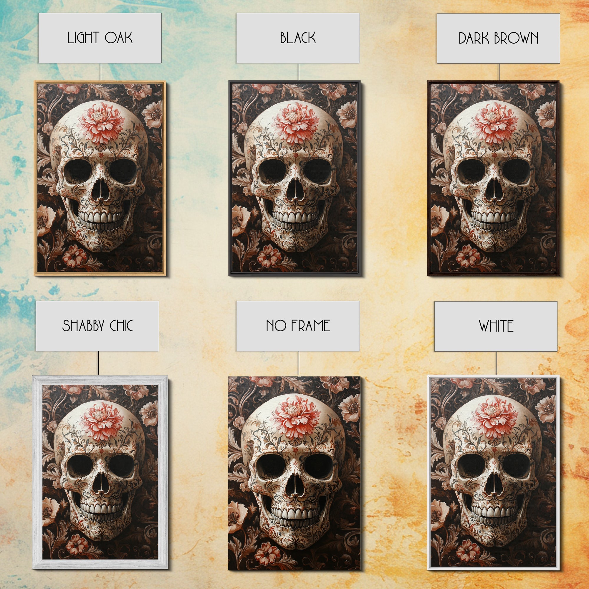 Skull Art Framed Canvas Print with Floral Botanical Prints in Gothic Chinoiserie Style, Perfect Halloween Rustic Wall Art Decoration