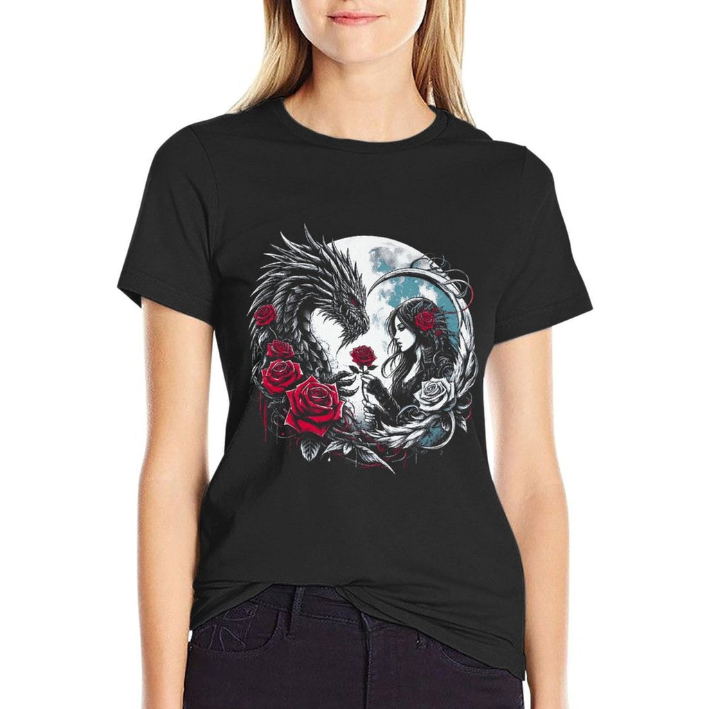 Gothic Dragon And Rose Full Moon Mystical Dark Fantasy Art Premium  Fade-proof Color T-Shirt